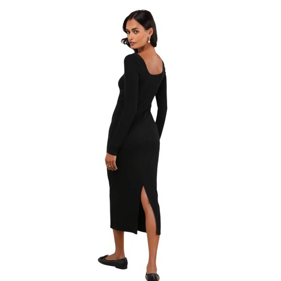 Lulus Ribbed Long Sleeve Black Midi Dress Size Medium NWT - Picture 2 of 7